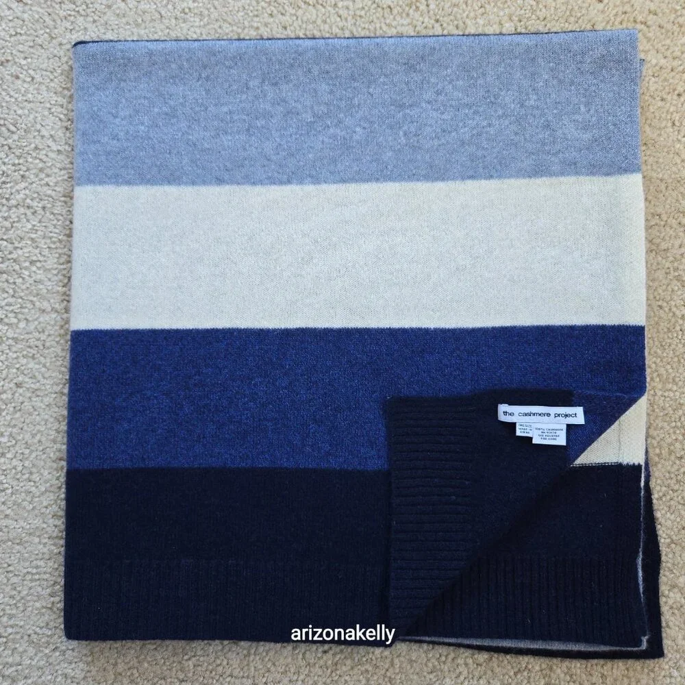 NWOT The Cashmere Project Knit Cashmere Wrap Scarf Blue & White Stripe